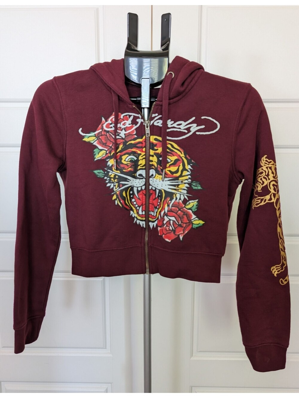 Y2K Streetwear Ed Hardy Burgundy Tiger Crop Zip Hoodie Don Ed Hardy M